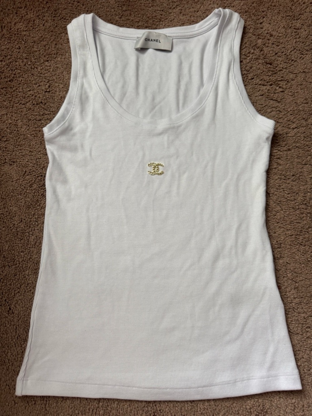 CHANEL White Ribbed Tank with Gold CC Emblem